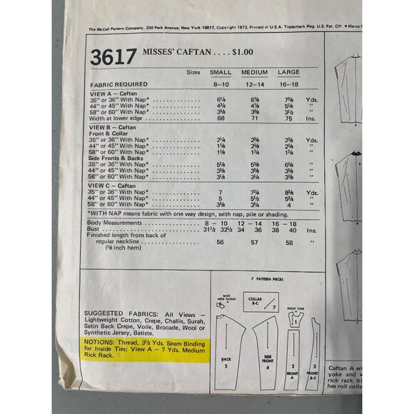 70s McCalls 3617 Caftan Dress Sewing Pattern Sizes Small Vintage 1973 CUT - Picture 4 of 7